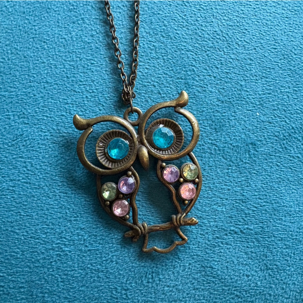 vintage brass owl pendant necklace, colorful, great holiday gift, School,